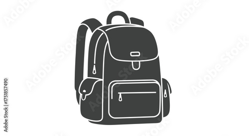A simple dark grey illustration of a classic backpack with white outlines straps and multiple pockets.