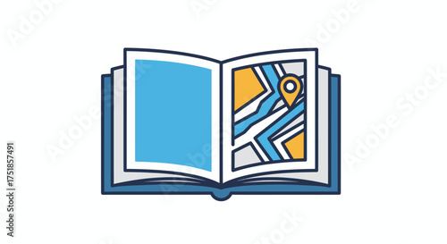 Open book displaying a colorful map with a location pin.