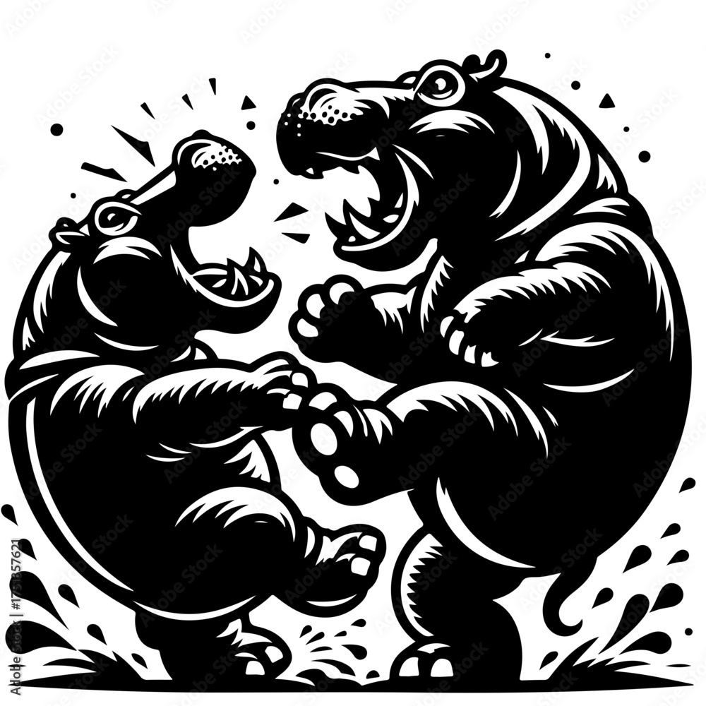 Fototapeta premium Two hippos facing each other with open mouths in a black and white illustration style design image