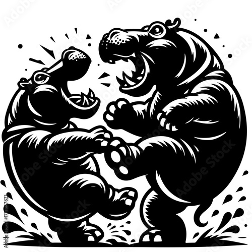 Two hippos facing each other with open mouths in a black and white illustration style design image