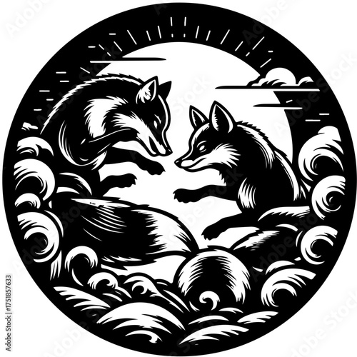Two foxes facing each other surrounded by swirling patterns under a sun and clouds design element