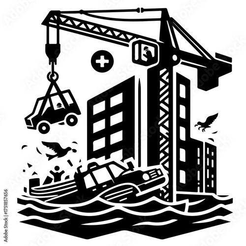 Illustration of a flooded city with a crane lifting a car and people in a boat during a disaster