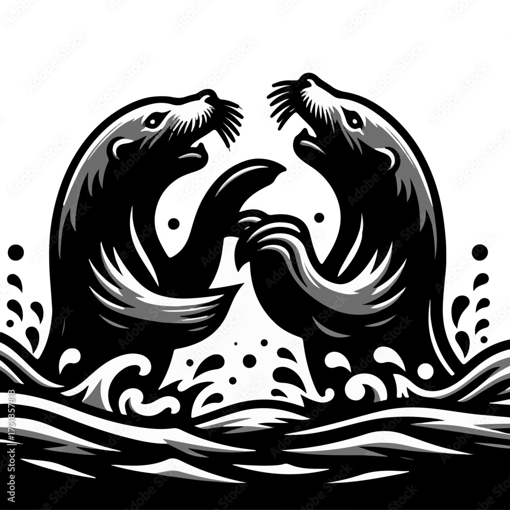 Fototapeta premium Two otters facing each other in water with splashes in a black and white vector illustration style