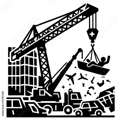 Illustration of a crane lifting a person in a boat amidst city chaos and transportation elements