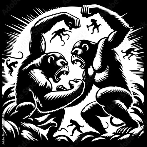 Two gorillas face off aggressively with smaller figures surrounding them in a monochrome illustration