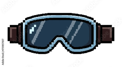 Pixelated Ski Goggles with Dark Lenses and Brown Straps.