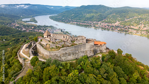 Aerial view of Visegrad castle in Hungary, next to Danube river in Danube bend