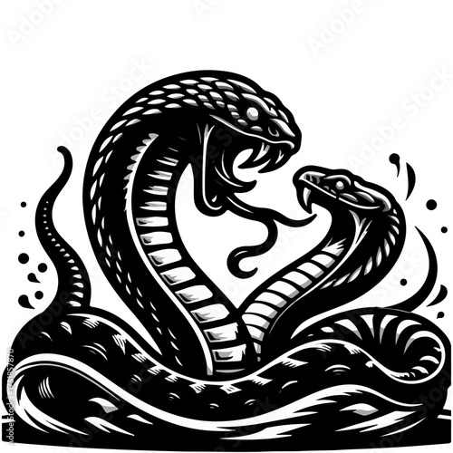 Two stylized snakes coiled together in black and white with open mouths and visible fangs design