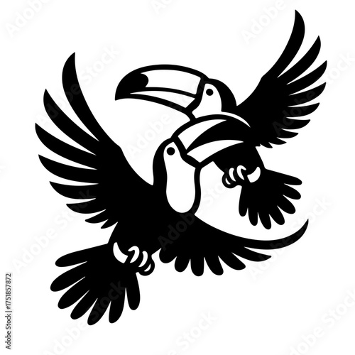 Two toucans flying together in black and white with wings spread in a decorative composition