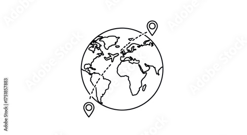 Stylized outline of a globe with two location pins connected by a dashed line representing global travel or navigation.