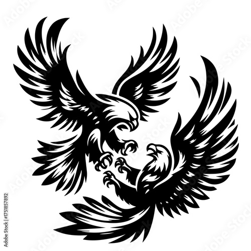 Two eagles in a dynamic confrontation with wings spread and talons extended in a black and white design