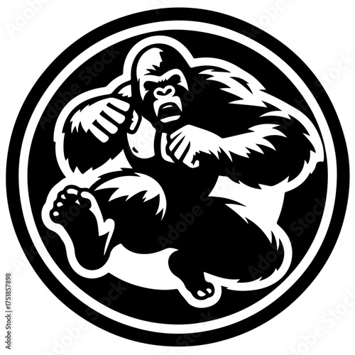 Illustration of a gorilla in a black circle with an aggressive stance and visible foot and clenched fists