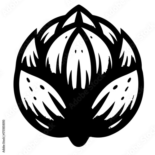 Illustration of a stylized artichoke with black and white contrast and detailed petal shapes design