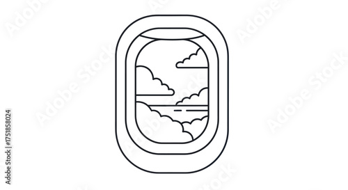A simple line art illustration of an airplane window with a view of clouds and the ocean.