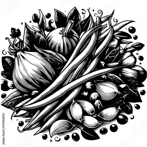 Black and white illustration of a variety of fresh vegetables arranged together in a still life drawing