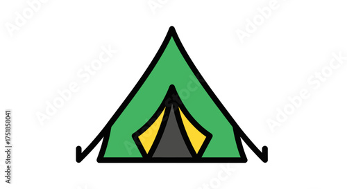 Green A-frame camping tent with yellow and gray entrance detail.