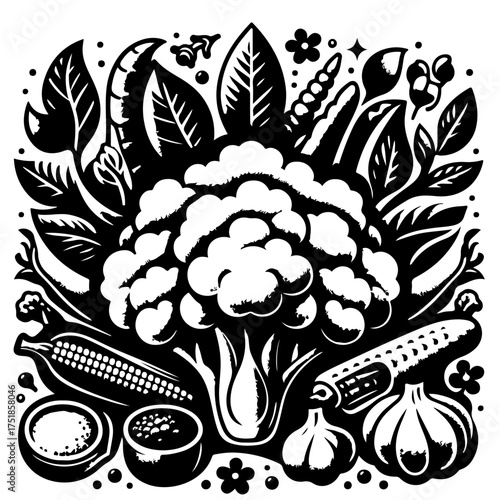 A stylized black and white illustration of various vegetables and food items in a square format