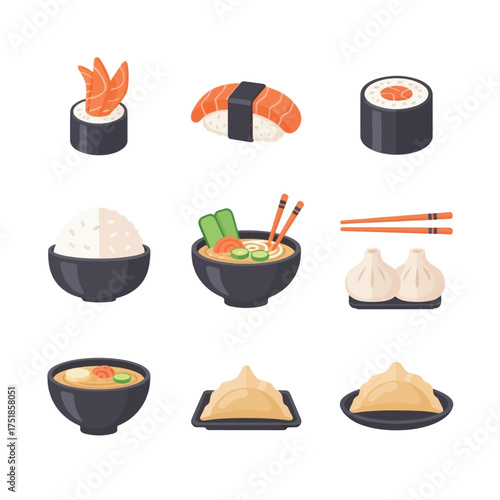 A collection of delicious Japanese and Asian dishes, including sushi, ramen, dumplings, and rice, presented in a visually appealing arrangement.