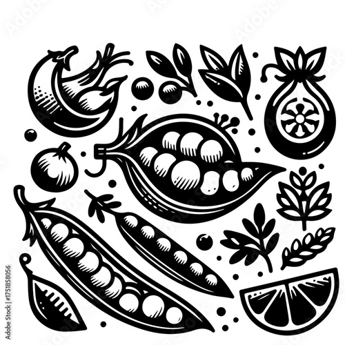 Illustration of various vegetables including peas, leaves, and a citrus slice in black and white style