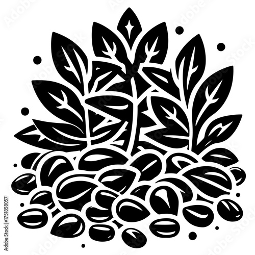 Illustration of a stylized plant with leaves and seeds in black and white monochrome drawing style