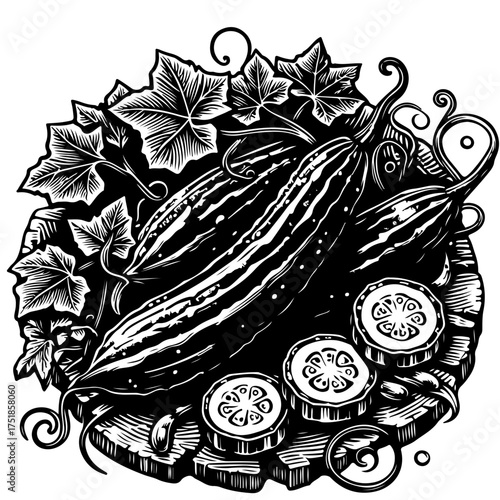 Black and white illustration of a zucchini with leaves and sliced zucchini on a wooden board art