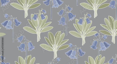 A charming seamless floral pattern featuring delicate bluebell flowers and lush green leaves on a muted grayish-blue background