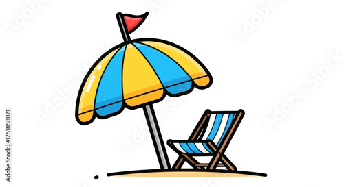 Colorful Beach Umbrella and Striped Deck Chair on Sand.