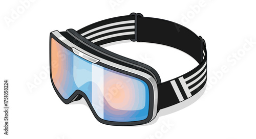 Stylish ski and snowboard goggles with a black frame reflective mirrored lens and a striped elastic strap.