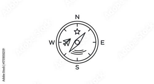 Simple Black and White Compass Pointing North with Star.