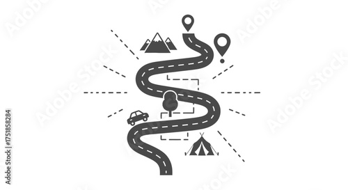 Winding Road Illustration with Travel Icons Mountain Tent Tree and Car.