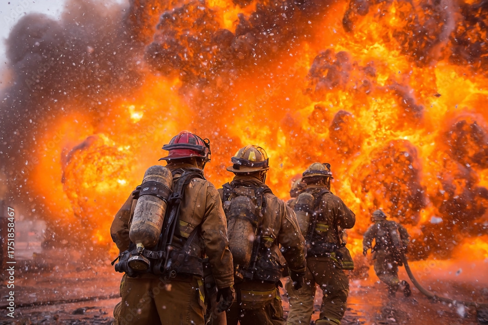 Fototapeta premium Firefighters confronting a massive blaze