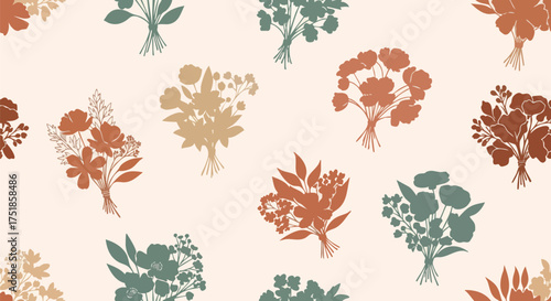 A delightful pattern of minimalist floral bouquets in muted terracotta, mustard yellow, and sage green