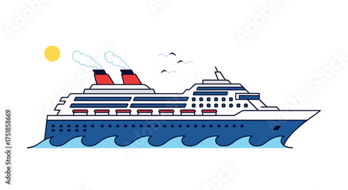 A colorful illustration of a large cruise ship sailing on blue waves under a bright sun.