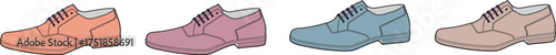 Four dress shoes in different colors orange, pink, blue, and beige, showcasing fashion footwear