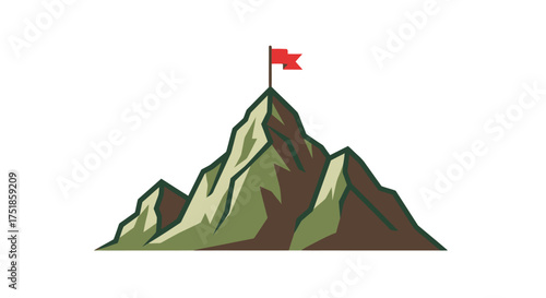 Mountain Peak with Red Flag: Symbol of Achievement and Success.