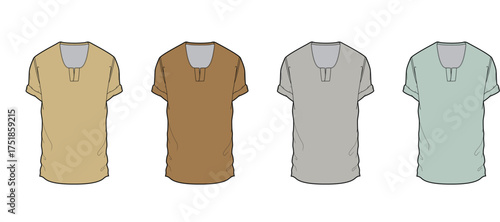 Vector illustration set of men's casual henley t-shirts with short cuffed sleeves. Isolated clothing fashion flat sketch template in four color variations