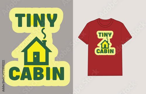 Green yellow tiny cabin with smoke red t-shirt house chimney