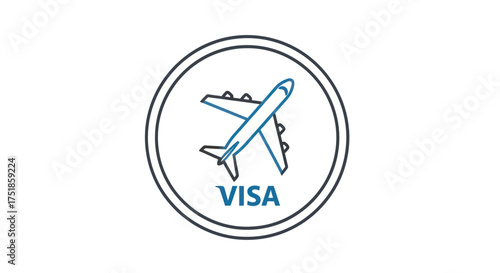 Airplane with VISA stamp inside a circular border.