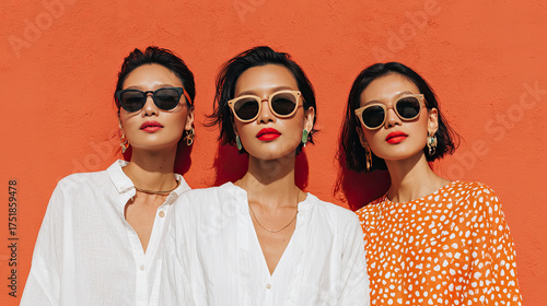 Stylish asian women wearing sunglasses against vibrant orange wall, bold fashion choices and confident s. Their outfits and accessories modern trends