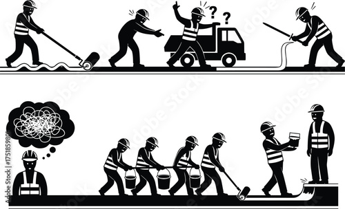 Road construction and repair worker silhouette set showing paving, rolling, and line marking, vector illustration depicting maintenance and civil engineering concepts with communication issues.