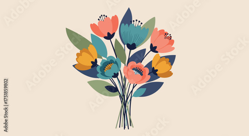Colorful bouquet of stylized flowers on a plain background. This modern, flat vector illustration is ideal for spring or summer celebrations