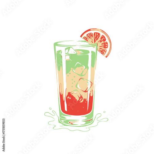 Refreshing colorful layered cocktail with ice cubes and a citrus slice, perfect for summer or bar enjoyment