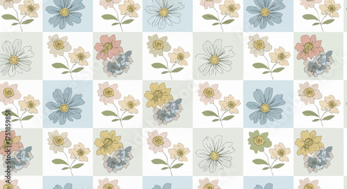 Colorful floral tile pattern design. Seamless, abstract flower arrangement in pastel color palette on a checkered background