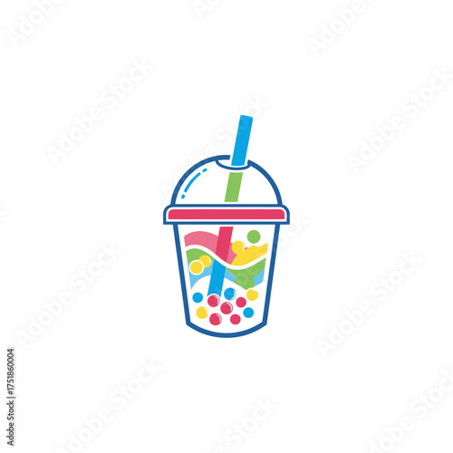 Colorful bubble tea drink icon, refreshing beverage with straw, sweet tapioca pearls and vibrant flavors