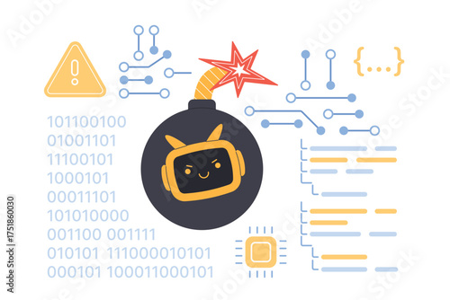 Danger and risks of using AI services, ethics problem of artificial intelligence. Bomb with burning fuse and robot face inside, harmful effects and error, bias of chatgpt cartoon vector illustration