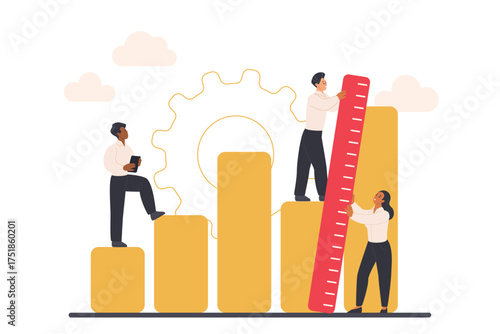 Benchmark performance, key performance indicator measurement, KPI analysis. Tiny people measure length of market chart bars with big ruler to check profit progress cartoon vector illustration