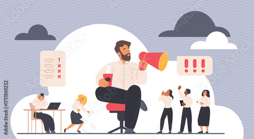 Arrogant, bad selfish behavior of boss in business communication, team management. Big man with megaphone sitting in chair to ignore questions of tiny employees cartoon vector illustration