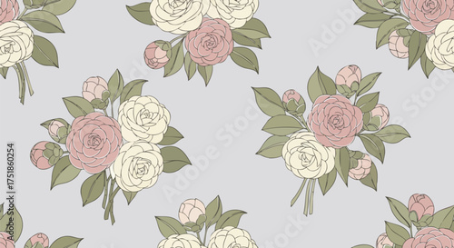 Elegant seamless floral pattern featuring delicate pink and cream camellia bouquets with green leaves on a soft light blue background