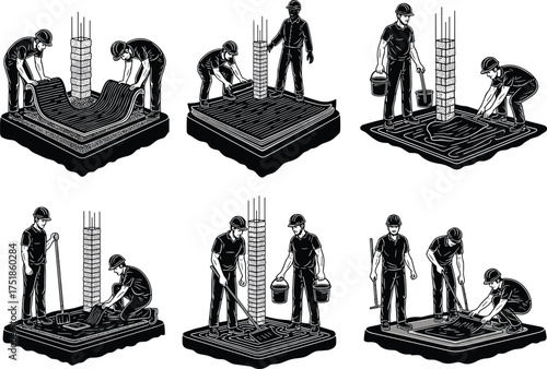 Construction workers laying floor heating pipes, insulation sheets, and concrete screed, vector illustration set depicting underfloor installation process for building development and home renovation.