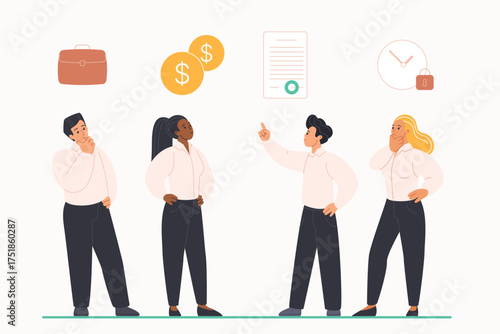Employee benefits, job motivation, bonuses and compensation for company staff. Tiny people and package of advantages, salary and perks, insurance policy, flexible schedule cartoon vector illustration